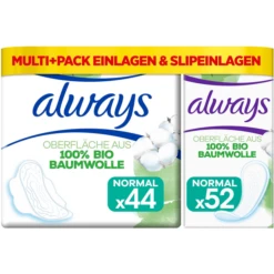 Always® Always Binden Und Slipeinlagen Cotton Protection Monatspaket, 96 Stück (2 X 22 Binden + 52 Slipeinlagen)