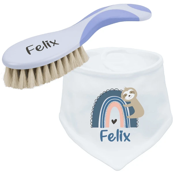 Schnullireich Geschenkset Mit Namen NUK Babybürste + Baby Halstuch (Junge) Blau