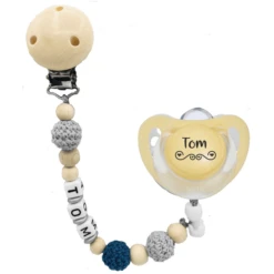 Schnullireich Schnullerkette Mit Namen Häkelperle+NUK Schnuller 0-6 Mon. Blau